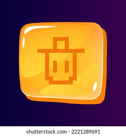 Trash bin glossy ui button with pixelated icon. Remove waste files. Editable 8bit graphic element on shiny square shape. Isolated vector user interface image for web, mobile. Retro style game design