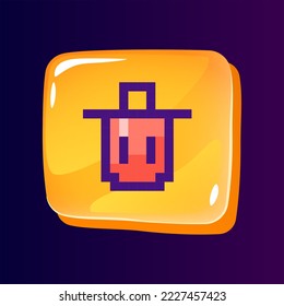 Trash bin glossy ui button with pixelated color icon. Remove waste files. Digital technology. Editable 8bit graphic element on shiny glass rectangle shape. Isolated image for arcade, video game design