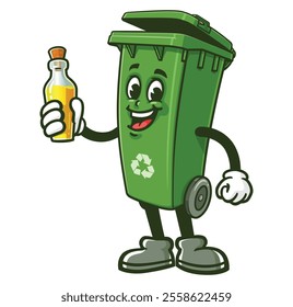 Trash Bin with hand sanitizer,  Cartoon Character Mascot Illustration Vector Clip-art Hand-drawn Logo Design