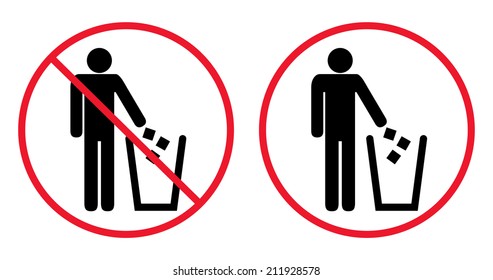 Trash Bin With Human Figure Symbol. Garbage Red Sign Icon. Circle Prohibited Sign For No Littering, Please Use A Trash Can Or Keep Area Clean Concept Present Recycle Bin, Vector, Isolated On White