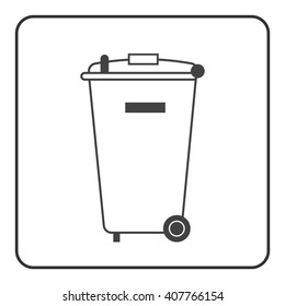 Trash bin icon. Basket wheelie litter. Container waste recycle. Symbol of garbage, rubbish, dump. Element label public information. Black warning sign isolated on white background. Vector illustration