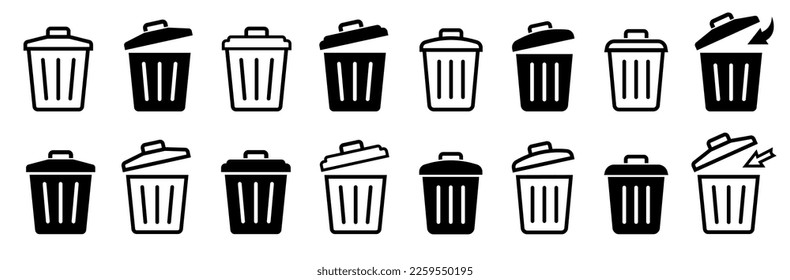 Icono de papelera. lata de basura, iconos de bin, signo de cubo de basura, juego de símbolos abiertos de papelera de basura. Trazo editable. Estilos de línea y plano. Ilustración del vector