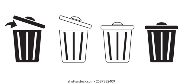 Trash bin icon. Trash can, bin icons, rubbish bin sign, trash bin open symbols set. Editable stroke. Line and flat styles. Vector illustration