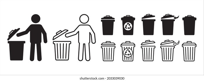 Trash bin icon design set. Throw garbage in its place signs design illustration.