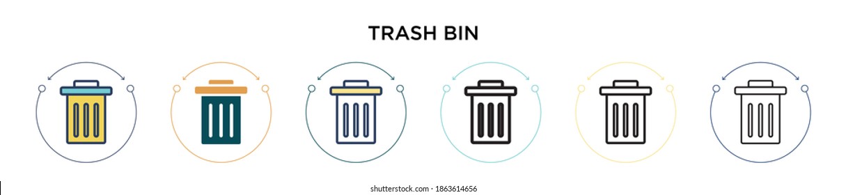 Trash bin icon in filled, thin line, outline and stroke style. Vector illustration of two colored and black trash bin vector icons designs can be used for mobile, ui, web