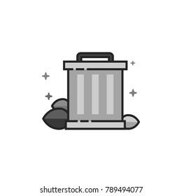 Trash bin icon in flat outlined grayscale style. Vector illustration.