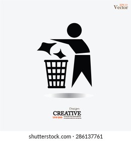 Trash bin icon.man with garbage bin. Vector illustration.