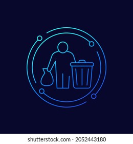 trash bin icon with a man, line vector