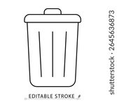 A trash bin icon in minimalist style with editable stroke. Garbage container, waste disposal, rubbish symbol, sanitation equipment, recycling object, household cleanup, outline element.
