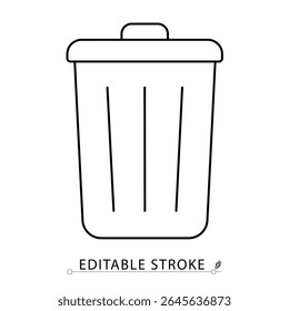 Um ícone de lixeira em estilo minimalista com traçado editável. Recipiente de lixo, eliminação de resíduos, símbolo de lixo, equipamento de saneamento, objeto de reciclagem, limpeza doméstica, elemento de contorno.