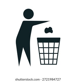 Mülleimer-Symbol mit Person, die Müll wirft, schwarzes Silhouettensymbol für Abfallwirtschaft und Recycling
