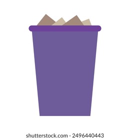 Trash bin icon. Purple waste container. Full garbage basket. Vector illustration.
