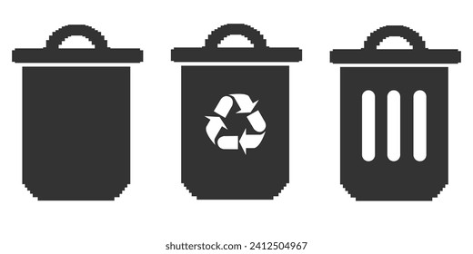 Trash bin icon. Recycling container pixel symbol set background vector ilustration.