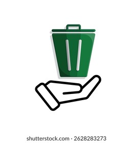 trash bin icon. recycling symbol in hand. sustainability. reuse web icon, eco-friendly, used goods, green energy. Mixed design style