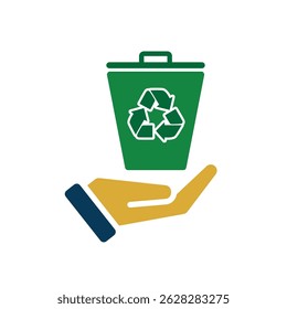 trash bin icon. recycling symbol in hand. sustainability. reuse web icon, eco-friendly, used goods, green energy. Solid design style
