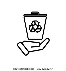 trash bin icon. recycling symbol in hand. sustainability. reuse web icon, eco-friendly, used goods, green energy. Line design style