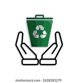 trash bin icon. recycling symbol in hand. sustainability. reuse web icon, eco-friendly, used goods, green energy. Mixed design style
