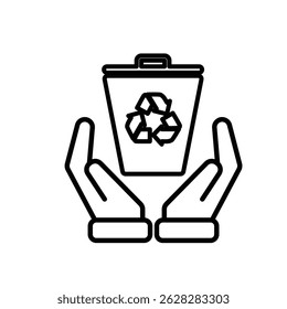 trash bin icon. recycling symbol in hand. sustainability. reuse web icon, eco-friendly, used goods, green energy. Line design style