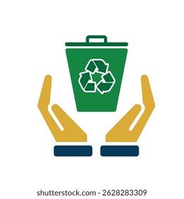 trash bin icon. recycling symbol in hand. sustainability. reuse web icon, eco-friendly, used goods, green energy. Solid design style