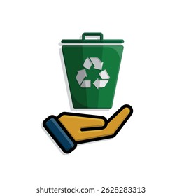 trash bin icon. recycling symbol in hand. sustainability. reuse web icon, eco-friendly, used goods, green energy. Solid design style