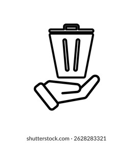 trash bin icon. recycling symbol in hand. sustainability. reuse web icon, eco-friendly, used goods, green energy. Line design style