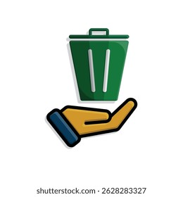 trash bin icon. recycling symbol in hand. sustainability. reuse web icon, eco-friendly, used goods, green energy. simple 3d design style