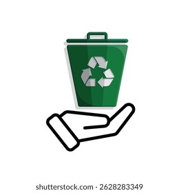 trash bin icon. recycling symbol in hand. sustainability. reuse web icon, eco-friendly, used goods, green energy. Mixed design style