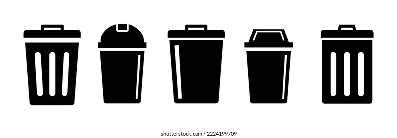 Trash bin icon. Trash bin icon set. Trash can open icon. Trash can with different style. Vector illustration.	