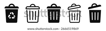 Trash bin icon set. Trash can, garbage, rubbish, recycling, basket, dumpster, waste, container - stock vector.