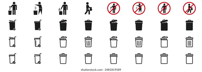 Trash Bin Icon set collection. People bring rubbish, Do not litter. Trash icons set. Web icon, delete button. Garbage waste symbol, silhouette and line symbol, delete ui elemen.