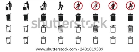 Trash Bin Icon set collection. People bring rubbish, Do not litter. Trash icons set. Web icon, delete button. Garbage waste symbol, silhouette and line symbol, delete ui elemen.