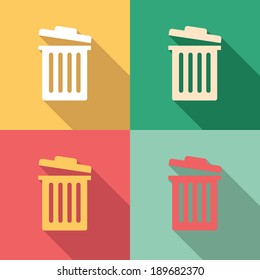 Trash bin icon set in colorful vintage colors
