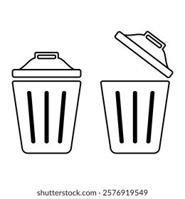 Trash Bin Icon Set – Open and Closed Lid Variations, Minimalistic and Detailed Vector Illustration Isolated on White Background for Recycling, Waste Management Designs