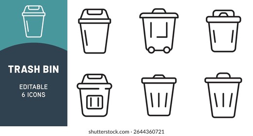 Trash Bin Icon Set – Outline Style Waste, Recycling, Solar, and Eco-Friendly Symbols for Sustainable Living