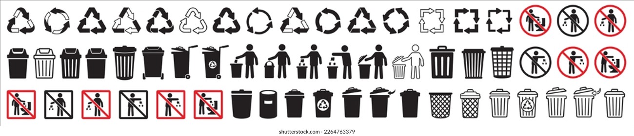 Trash bin icon set. Recycle icons collection. Do not litter in the toilet sign. Littering forbidden signage. Throw the rubbish in the bin sign. Vector sock illustration. Isolated in white background.