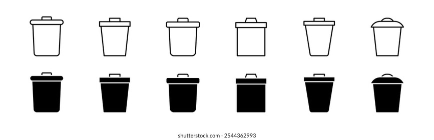 Trash bin icon set. Recycle trash can collection. Outline garbage basket