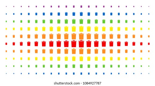 Trash bin icon spectral halftone pattern. Vector trash bin items are arranged into halftone grid with vertical spectral gradient. Constructed for backgrounds, covers,