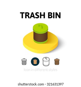 Trash bin icon, vector symbol in flat, outline and isometric style