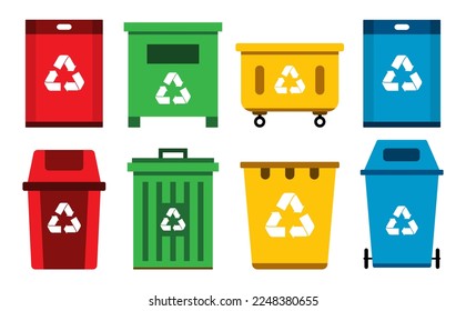 Trash bin icons flat design bundle collection. Waste garbage recycle sustainability symbol illustration.