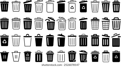 Trash bin icons set. Black vectors trash dustbin signs elements. Recyclable Waste Line and flat Designs isolated on transparent background. Waste sorting containers. Suitable for Web Page, Mobile App.