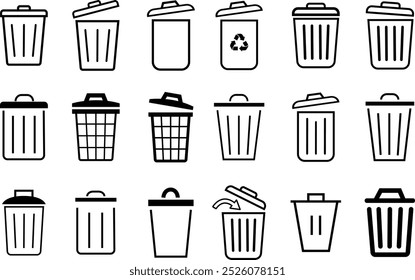 Trash bin icons set. Black vectors trash dustbin signs elements. Recyclable Waste Line vectors Designs isolated on transparent background. Waste sorting containers. Suitable for Web Page, Mobile App.