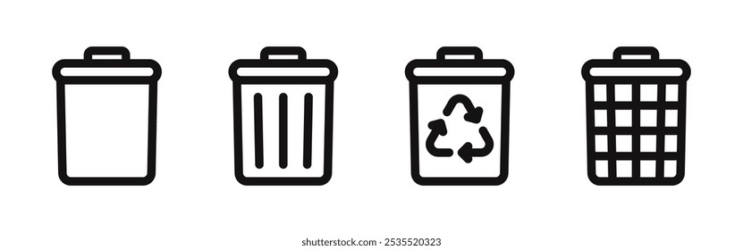 Trash bin icons set. Trash can, dustbin, recycle symbol. Vector illustration.