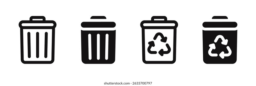 Trash bin icons set. Trash can, dustbin, recycle symbol. Vector illustration.
