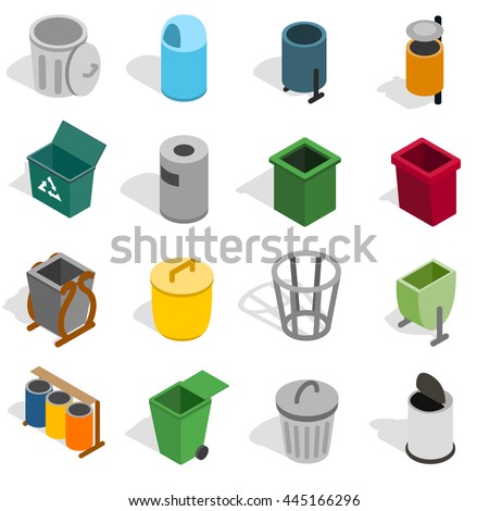 Trash bin icons set. Isometric 3d illustration of trash bin signs. Garbage isometric vector set isolated on white background