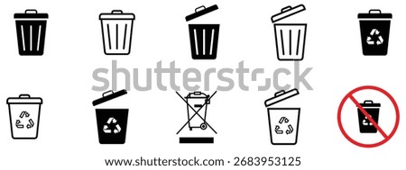 Trash bin icons set showing waste, recycle and prohibited disposal symbols for sorting rules, notices and user interface use.