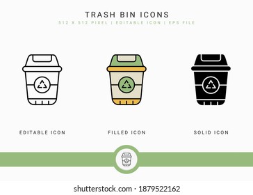 Trash bin icons set vector illustration with solid icon line style. Recycle garbage basket concept. Editable stroke icon on isolated background for web design, infographic and UI mobile app.