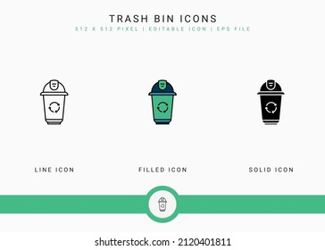 Trash Bin Icons Set Vector Illustration With Solid Icon Line Style. Recycle Garbage Basket Concept. Editable Stroke Icon On Isolated Background For Web Design, User Interface, And Mobile Application