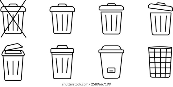 Trash Bin Icons. Various Styles of Wastebasket Illustrations.