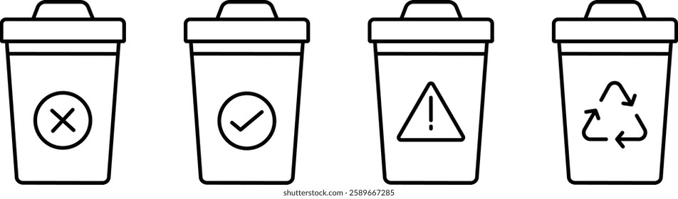 Trash Bin Icons for Waste Sorting and Recycling Awareness.