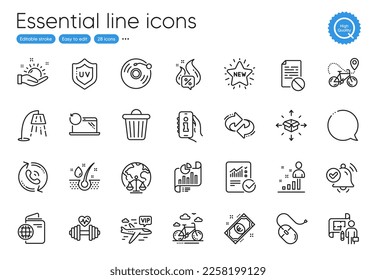 Trash bin, Info app and Stand lamp line icons. Collection of Uv protection, Dumbbell, Checked calculation icons. Travel passport, Serum oil, Recovery laptop web elements. Parcel delivery. Vector